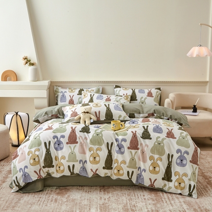 91家纺网 家纺一手货源 找家纺 柠馨 2024新款基础款全棉磨毛纯色四件套 兔子派对