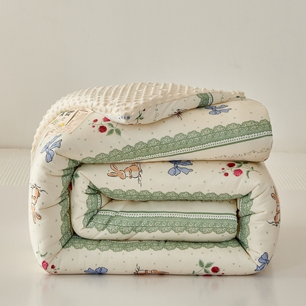 91家纺网 家纺一手货源 找家纺 木堇家居 2024新款针织棉豆豆被大豆四季被冬被被子被芯 针织豆豆被-花藤草莓兔-米黄