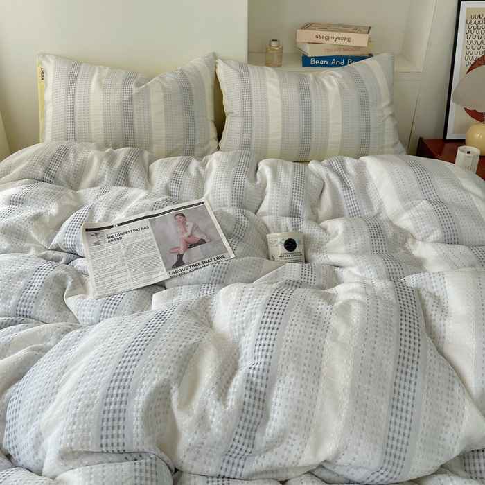 91家纺网 家纺一手货源 找家纺 轻奢坊 2024新款水洗棉渐变色提花华夫格四件套 渐变色华夫格-蓝黄