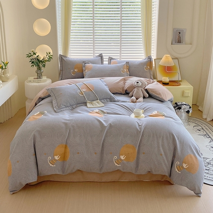 91家纺网 家纺一手货源 找家纺 威布斯家居 2024新款AB版全棉生态磨毛四件套 喵呜-灰