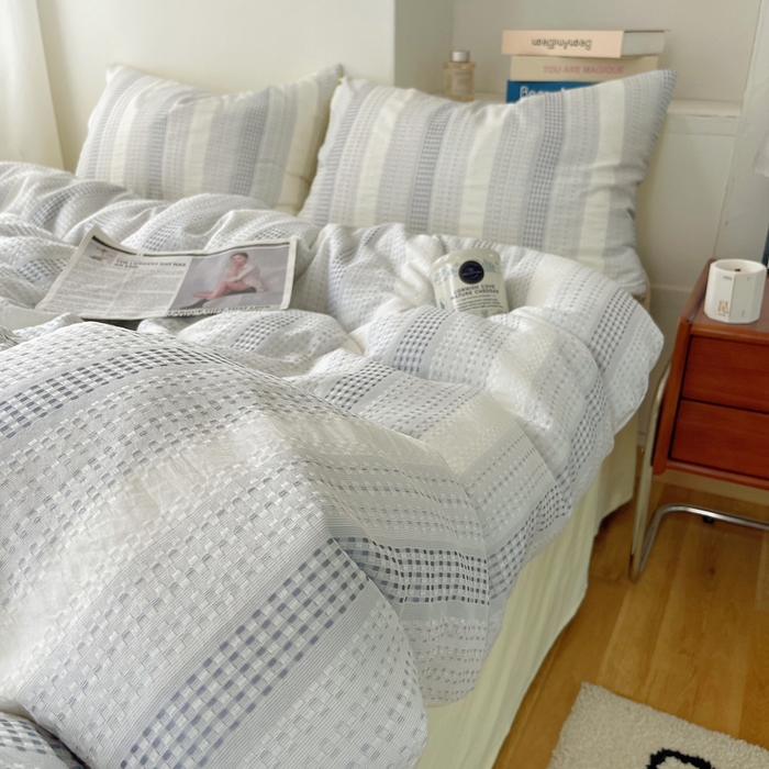 91家纺网 家纺一手货源 找家纺 轻奢坊 2024新款水洗棉渐变色提花华夫格四件套 渐变色华夫格-蓝黄