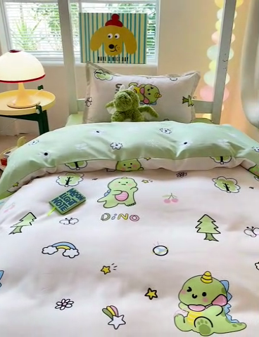 91家纺网 家纺一手货源 找家纺 梦卓家纺 2025新款芦荟棉三件套四件套  宿舍图 恐龙派对