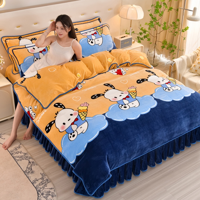 91家纺网 家纺一手货源 找家纺 雨洋2025新款加厚保暖8.5斤牛奶绒金貂婴儿绒四件套 帕莎狗