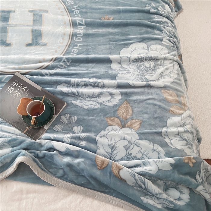 91家纺网 家纺一手货源 找家纺 卡奥家纺 2024新款轻奢风大版花双层云貂绒毛毯加厚带拉链云毯被套盖毯 花趣-蓝