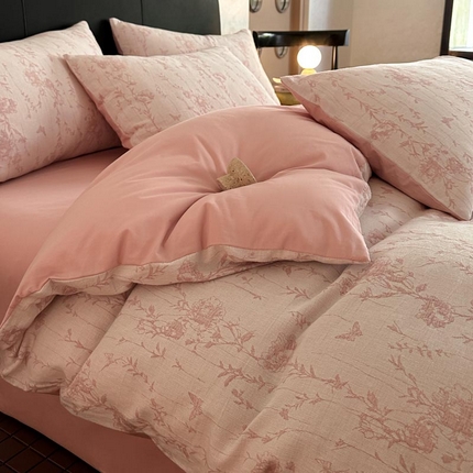 91家纺网 家纺一手货源 找家纺 2024新款A类全棉三层纱提花四件套--茵荔 茵荔-粉