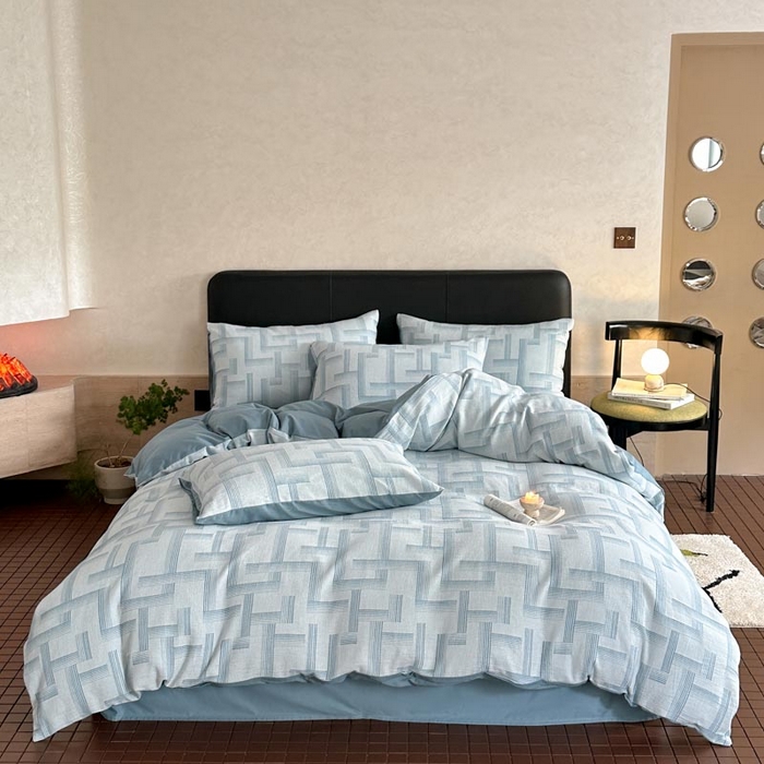 91家纺网 家纺一手货源 找家纺 ab家纺 2024新款A类全棉三层纱提花四件套--奥德赛 奥德赛  浅蓝