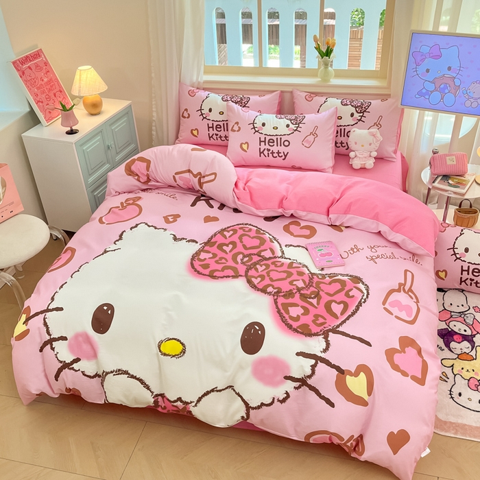 91家纺网 家纺一手货源 找家纺 桃子家居 2024纯棉大版三丽鸥卡通平网印花系列四件套 棉大版-D豹纹kt