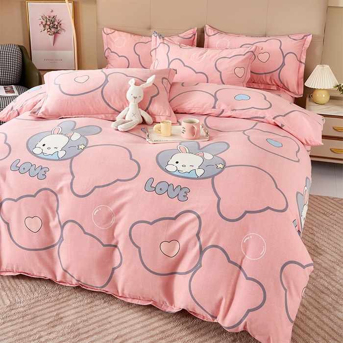 91家纺网 家纺一手货源 找家纺 U品汇 2024新品喷气生态加厚长绒棉纯棉全棉磨毛印花四件套小清新床单床笠直播 仙女兔-粉