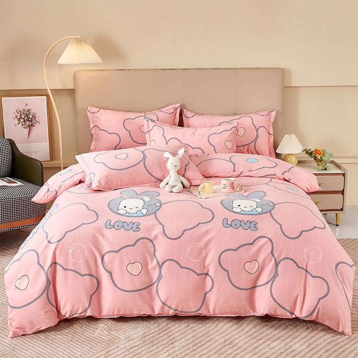 91家纺网 家纺一手货源 找家纺 U品汇 2024新品喷气生态加厚长绒棉纯棉全棉磨毛印花四件套小清新床单床笠直播 仙女兔-粉