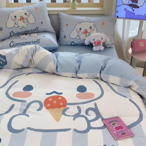 91家纺网 家纺一手货源 找家纺 桃子家居 2024纯棉大版三丽鸥卡通平网印花系列四件套 棉大版-D冰淇淋玉桂狗