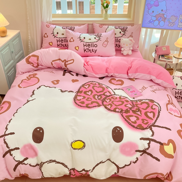 91家纺网 家纺一手货源 找家纺 桃子家居 2024纯棉大版三丽鸥卡通平网印花系列四件套 棉大版-D豹纹kt