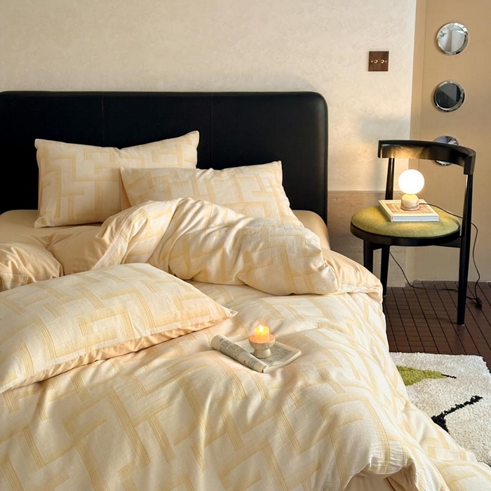 91家纺网 家纺一手货源 找家纺 ab家纺 2024新款A类全棉三层纱提花四件套--奥德赛 奥德赛 -浅黄