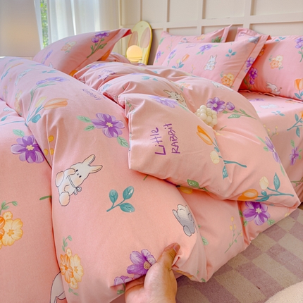 U品汇 2024新品喷气生态加厚长绒棉纯棉全棉磨毛印花四件套小清新床单床笠直播 罗兰兔粉