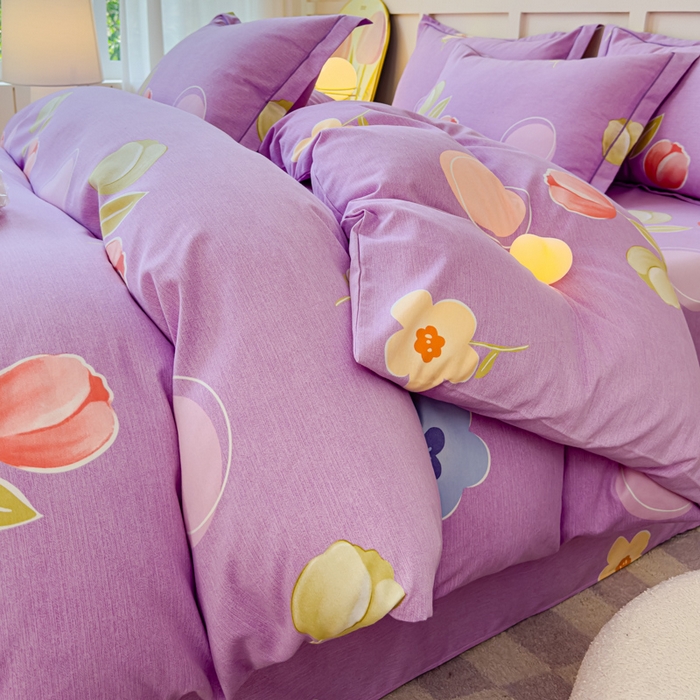 91家纺网 家纺一手货源 找家纺 U品汇 2024新品喷气生态加厚长绒棉纯棉全棉磨毛印花四件套小清新床单床笠直播 花妍然-紫