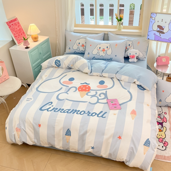 91家纺网 家纺一手货源 找家纺 桃子家居 2024纯棉大版三丽鸥卡通平网印花系列四件套 棉大版-D冰淇淋玉桂狗