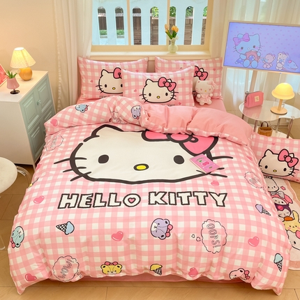 91家纺网 家纺一手货源 找家纺 桃子家居 2024纯棉大版三丽鸥卡通平网印花系列四件套 棉大版-D香香kt