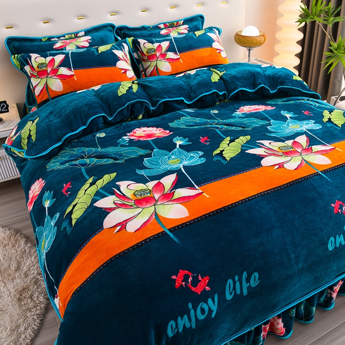 91家纺网 家纺一手货源 找家纺 绒品壹家家纺 2024新款5斤加厚金貂绒四件套 莲鲤嬉戏