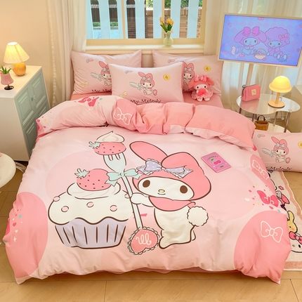 91家纺网 家纺一手货源 找家纺 桃子家居 2024纯棉大版三丽鸥卡通平网印花系列四件套 棉大版-D蛋糕美乐蒂