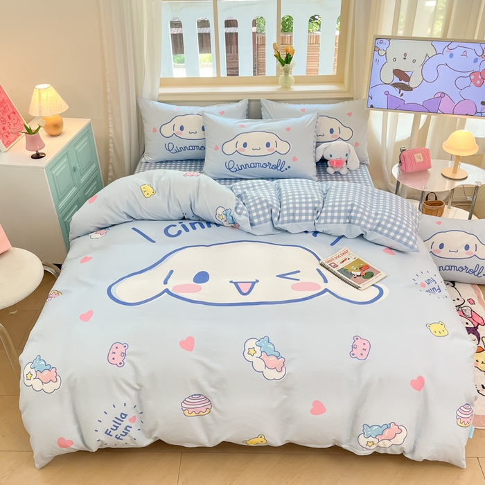 91家纺网 家纺一手货源 找家纺 桃子家居 2024纯棉大版三丽鸥卡通平网印花系列四件套 棉大版-D开心玉桂狗