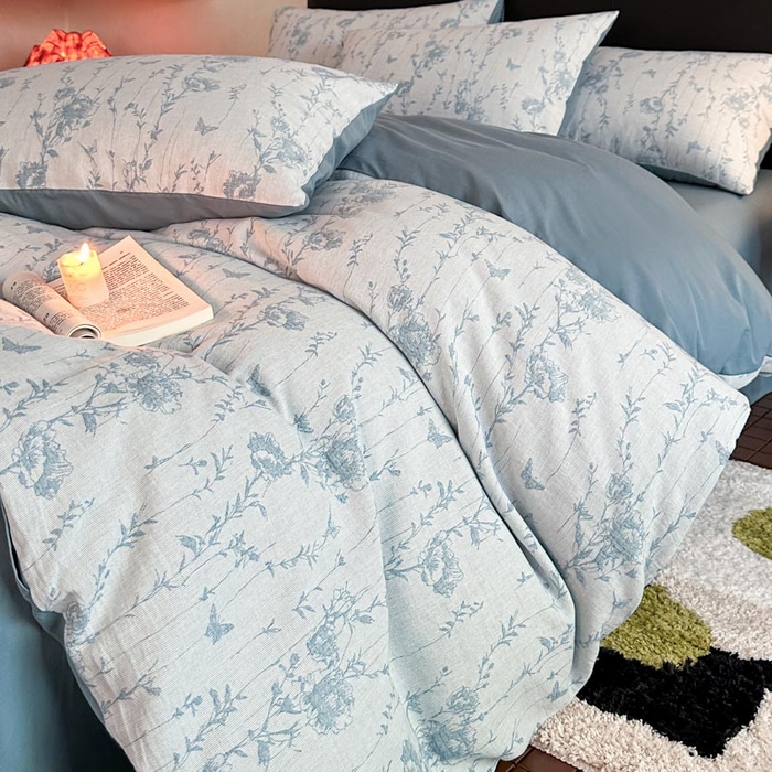 91家纺网 家纺一手货源 找家纺 2024新款A类全棉三层纱提花四件套--茵荔 茵荔-浅蓝