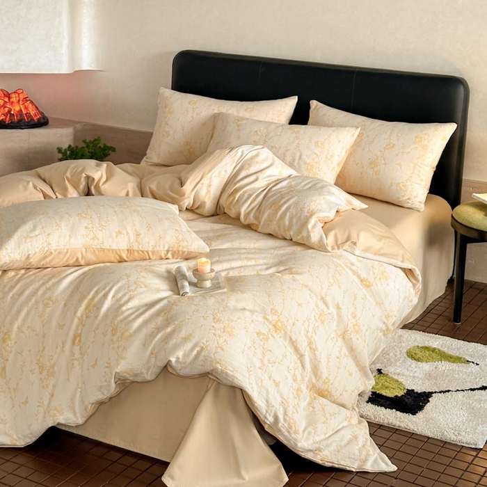 91家纺网 家纺一手货源 找家纺 2024新款A类全棉三层纱提花四件套--茵荔 茵荔-浅黄