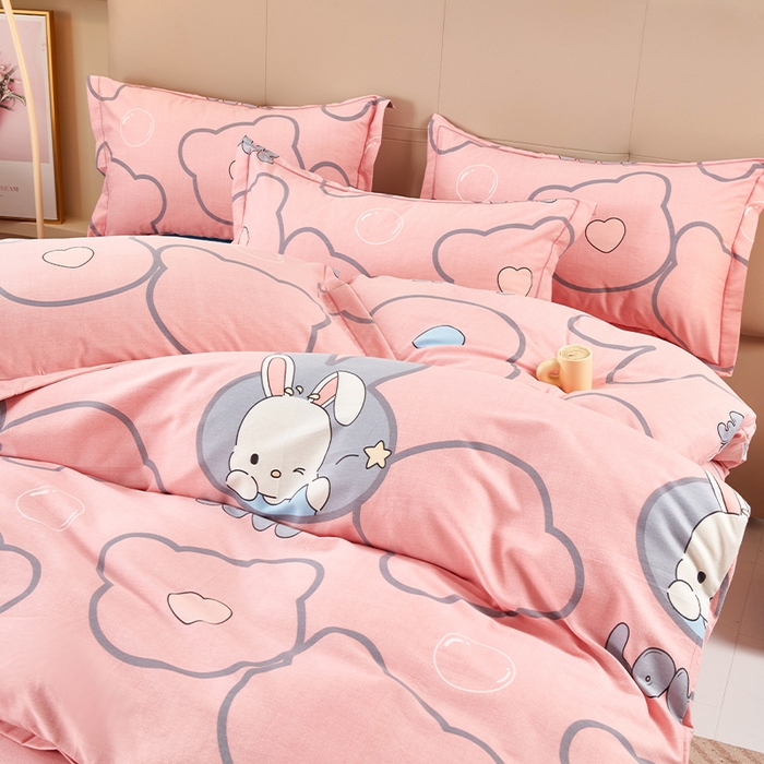 91家纺网 家纺一手货源 找家纺 U品汇 2024新品喷气生态加厚长绒棉纯棉全棉磨毛印花四件套小清新床单床笠直播 仙女兔-粉