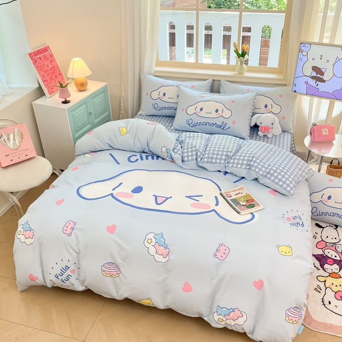 91家纺网 家纺一手货源 找家纺 桃子家居 2024纯棉大版三丽鸥卡通平网印花系列四件套 棉大版-D开心玉桂狗