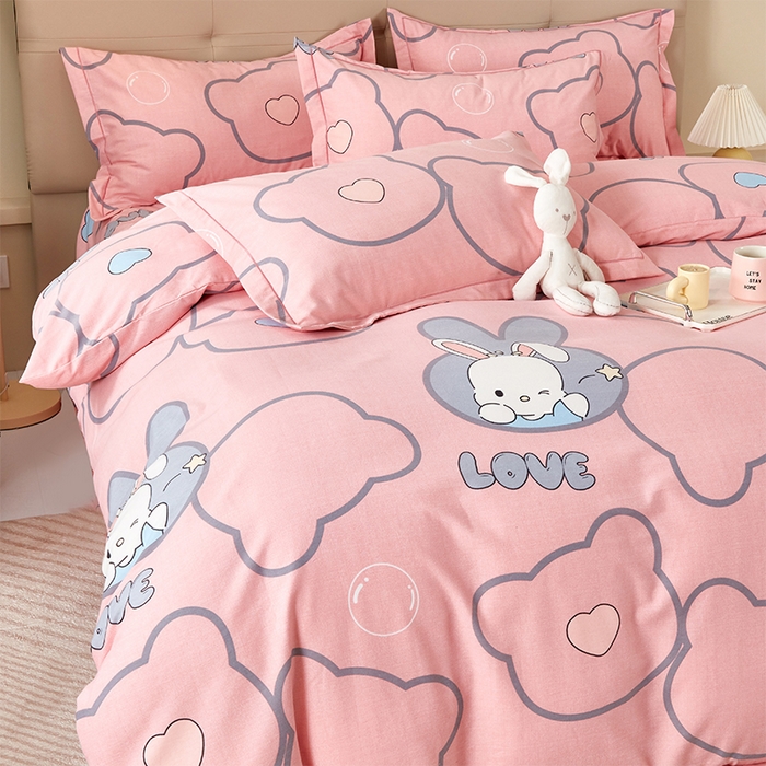 91家纺网 家纺一手货源 找家纺 U品汇 2024新品喷气生态加厚长绒棉纯棉全棉磨毛印花四件套小清新床单床笠直播 仙女兔-粉