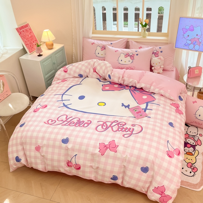 91家纺网 家纺一手货源 找家纺 桃子家居 2024纯棉大版三丽鸥卡通平网印花系列四件套 棉大版-D爱心樱桃kt