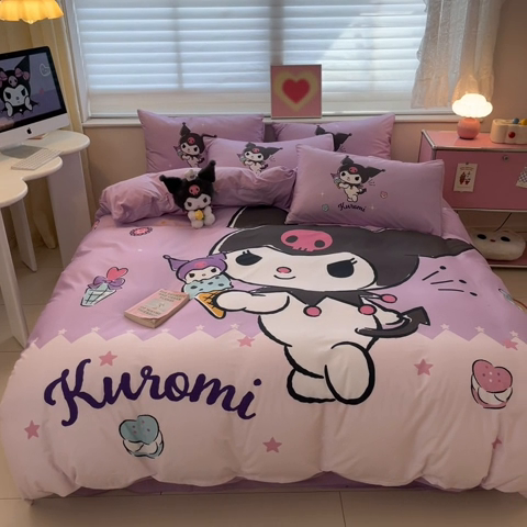 91家纺网 家纺一手货源 找家纺 桃子家居 2024纯棉大版三丽鸥卡通平网印花系列四件套 棉大版-D冰淇淋库洛米