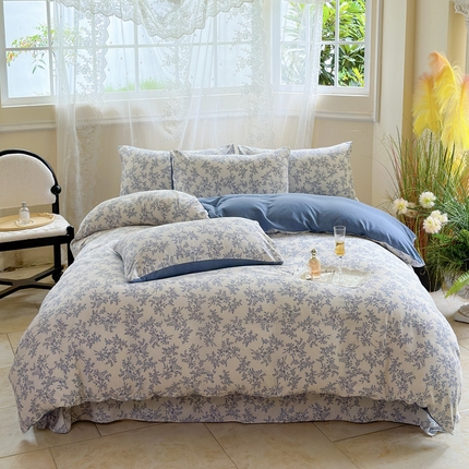 91家纺网 家纺一手货源 找家纺 卢赛尔 2024新款有氧提花针织圆角吊边床单四件套 蓝菲