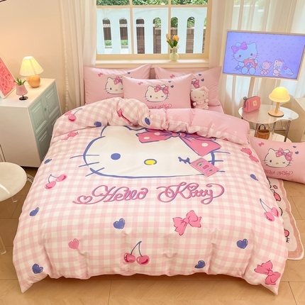 桃子家居 2024纯棉大版三丽鸥卡通平网印花系列四件套 棉大版-D爱心樱桃kt