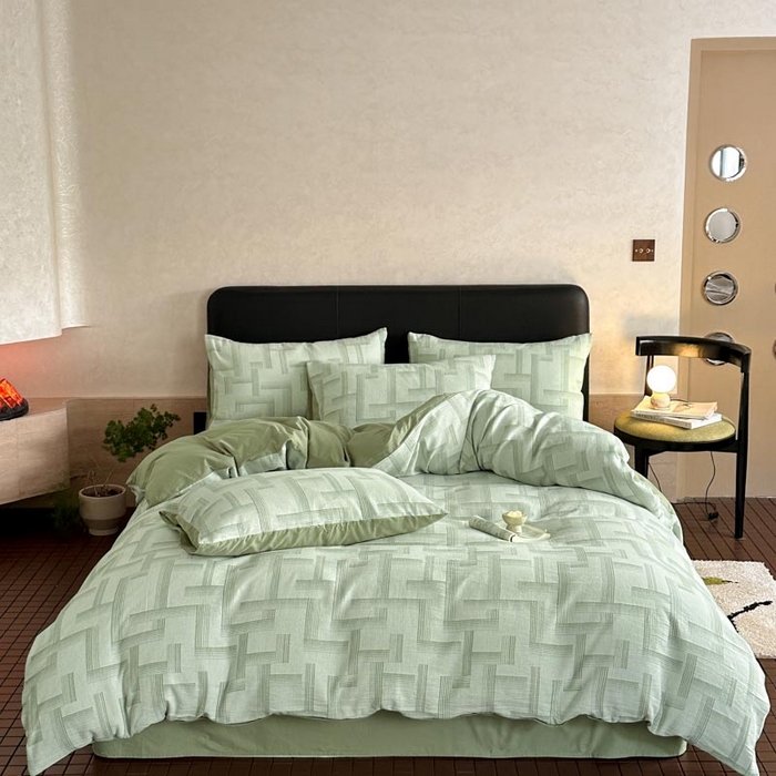 91家纺网 家纺一手货源 找家纺 ab家纺 2024新款A类全棉三层纱提花四件套--奥德赛 奥德赛-绿色