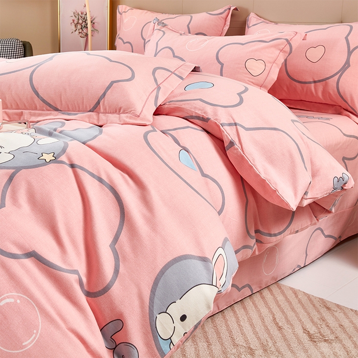 91家纺网 家纺一手货源 找家纺 U品汇 2024新品喷气生态加厚长绒棉纯棉全棉磨毛印花四件套小清新床单床笠直播 仙女兔-粉