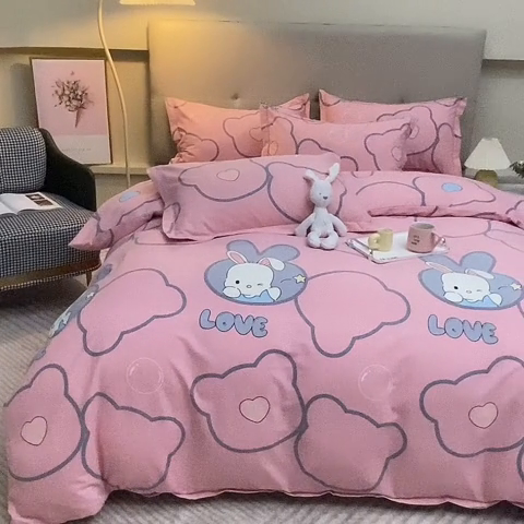 91家纺网 家纺一手货源 找家纺 U品汇 2024新品喷气生态加厚长绒棉纯棉全棉磨毛印花四件套小清新床单床笠直播 仙女兔-粉