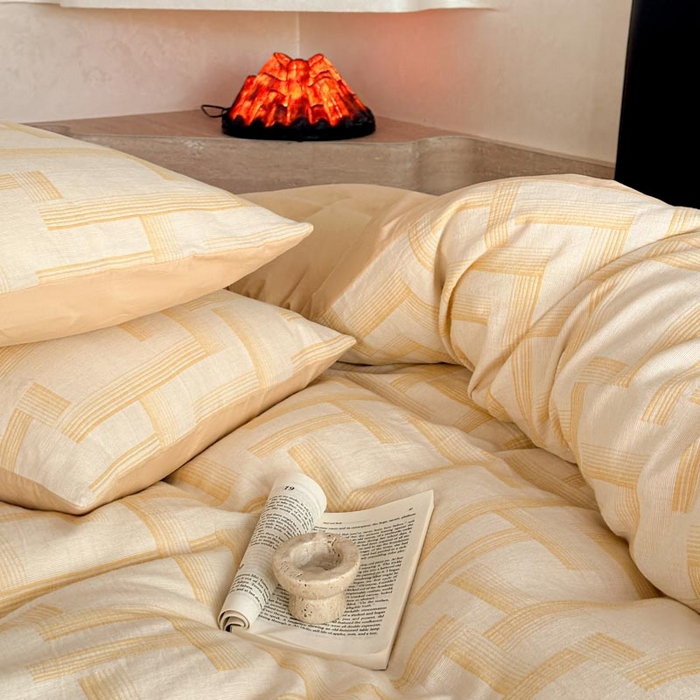 91家纺网 家纺一手货源 找家纺 ab家纺 2024新款A类全棉三层纱提花四件套--奥德赛 奥德赛 -浅黄