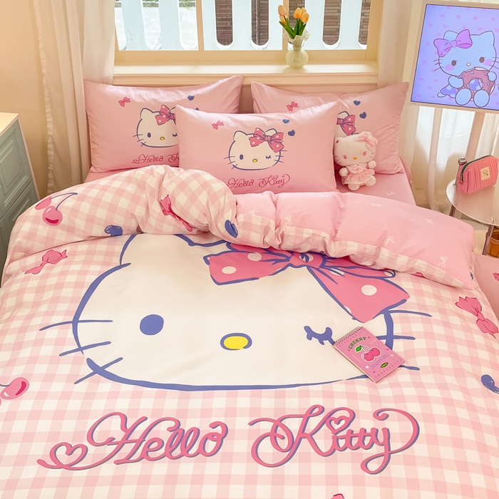 91家纺网 家纺一手货源 找家纺 桃子家居 2024纯棉大版三丽鸥卡通平网印花系列四件套 棉大版-D爱心樱桃kt