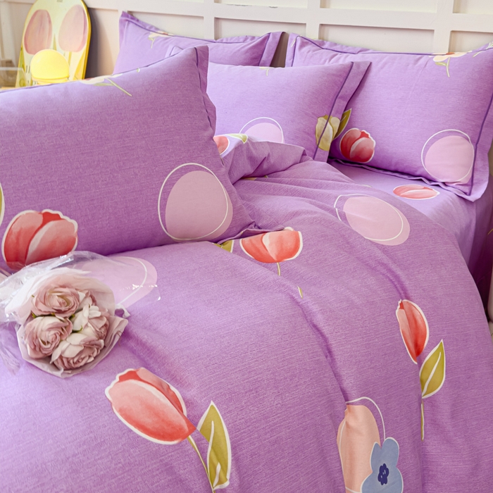 91家纺网 家纺一手货源 找家纺 U品汇 2024新品喷气生态加厚长绒棉纯棉全棉磨毛印花四件套小清新床单床笠直播 花妍然-紫