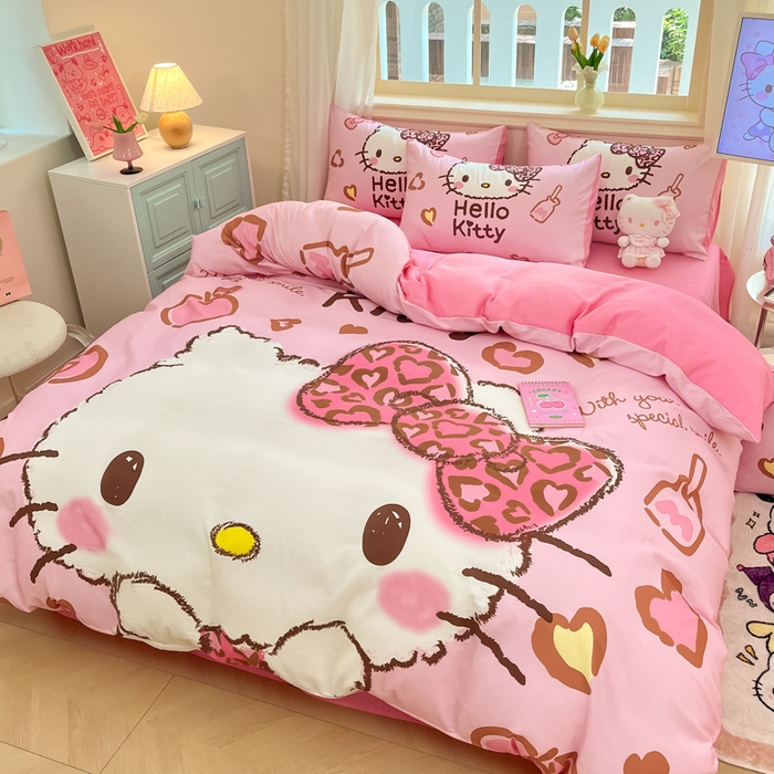 91家纺网 家纺一手货源 找家纺 桃子家居 2024纯棉大版三丽鸥卡通平网印花系列四件套 棉大版-D豹纹kt