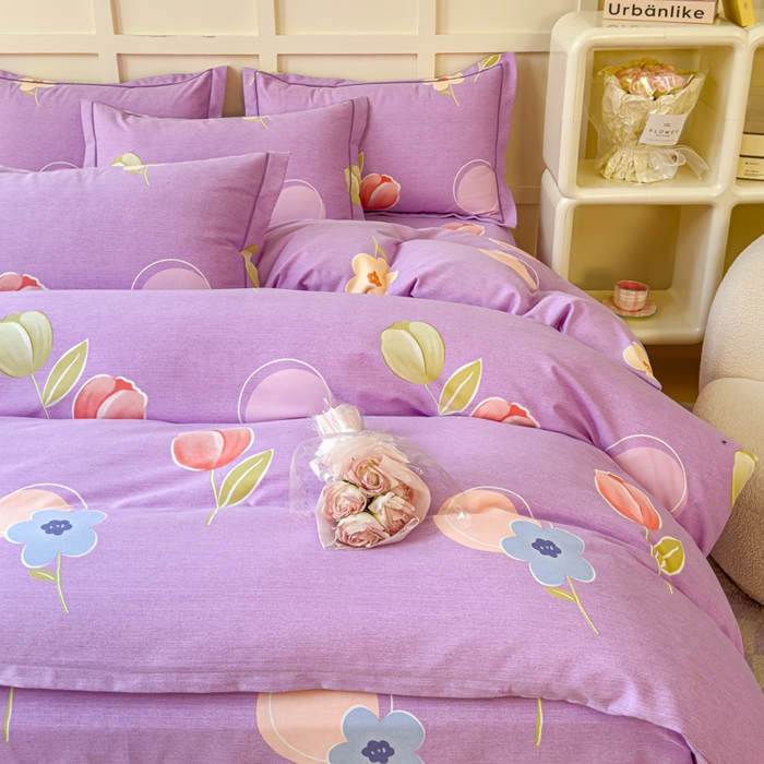 91家纺网 家纺一手货源 找家纺 U品汇 2024新品喷气生态加厚长绒棉纯棉全棉磨毛印花四件套小清新床单床笠直播 花妍然-紫