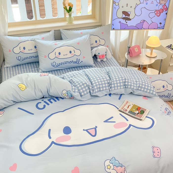 91家纺网 家纺一手货源 找家纺 桃子家居 2024纯棉大版三丽鸥卡通平网印花系列四件套 棉大版-D开心玉桂狗