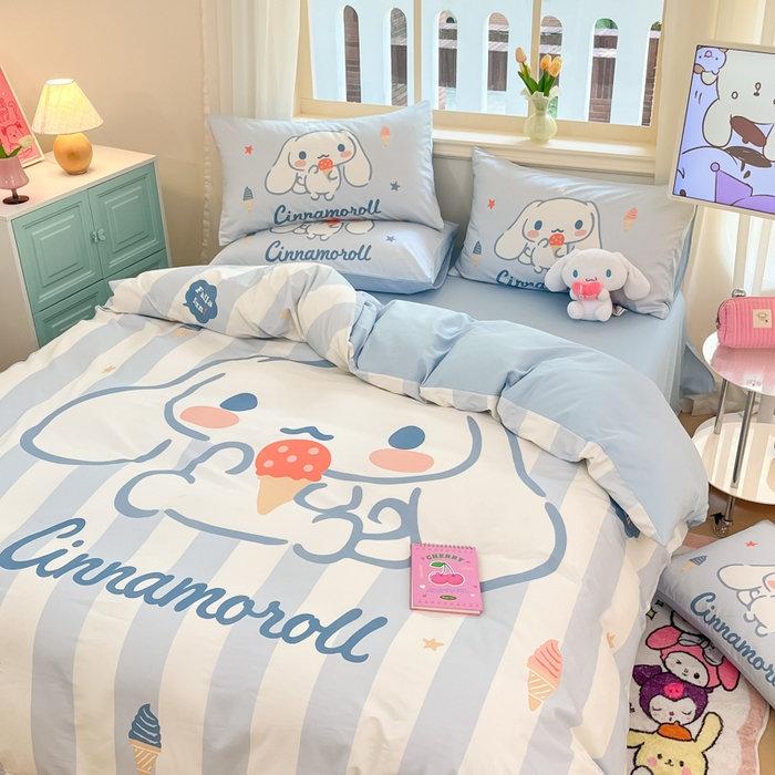 91家纺网 家纺一手货源 找家纺 桃子家居 2024纯棉大版三丽鸥卡通平网印花系列四件套 棉大版-D冰淇淋玉桂狗