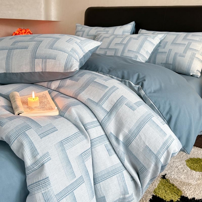 91家纺网 家纺一手货源 找家纺 ab家纺 2024新款A类全棉三层纱提花四件套--奥德赛 奥德赛  浅蓝