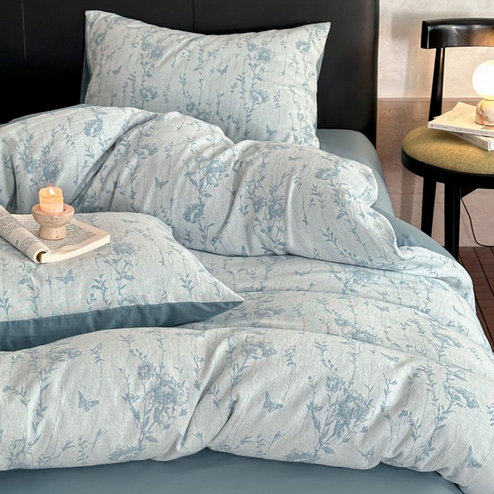 91家纺网 家纺一手货源 找家纺 2024新款A类全棉三层纱提花四件套--茵荔 茵荔-浅蓝