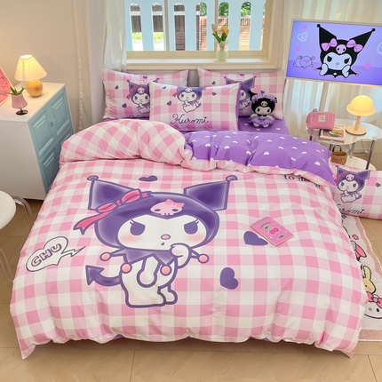 桃子家居 2024纯棉大版三丽鸥卡通平网印花系列四件套 棉大版-D粉粉库洛米