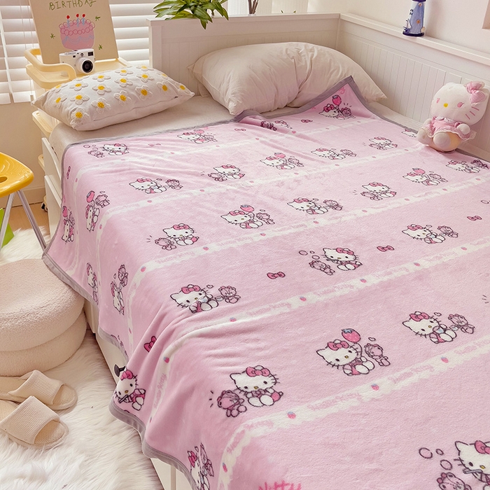 91家纺网 家纺一手货源 找家纺 海岛哥哥 2024新款双面牛奶绒盖毯正版三丽鸥授权系列毛毯 草莓甜心kt猫