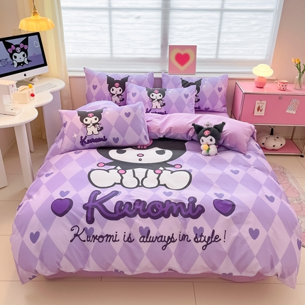 91家纺网 家纺一手货源 找家纺 桃子家居 2024纯棉大版三丽鸥卡通平网印花系列四件套 棉大版-D桃心库洛米