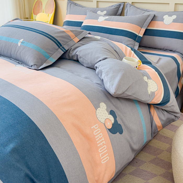 91家纺网 家纺一手货源 找家纺 U品汇 2024新品喷气生态加厚长绒棉纯棉全棉磨毛印花四件套小清新床单床笠直播 个性米奇