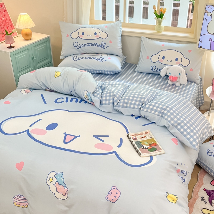 91家纺网 家纺一手货源 找家纺 桃子家居 2024纯棉大版三丽鸥卡通平网印花系列四件套 棉大版-D开心玉桂狗