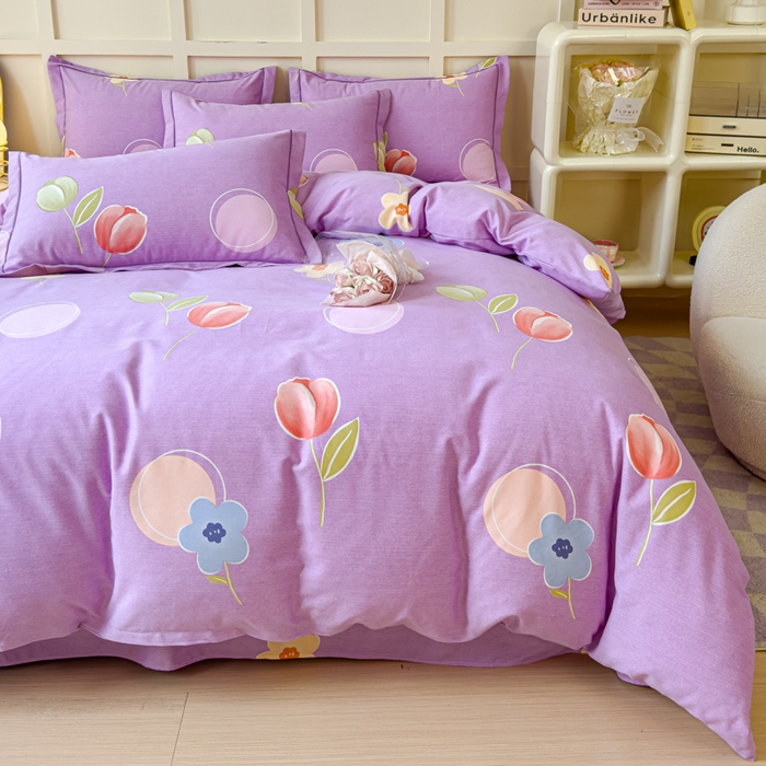 91家纺网 家纺一手货源 找家纺 U品汇 2024新品喷气生态加厚长绒棉纯棉全棉磨毛印花四件套小清新床单床笠直播 花妍然-紫